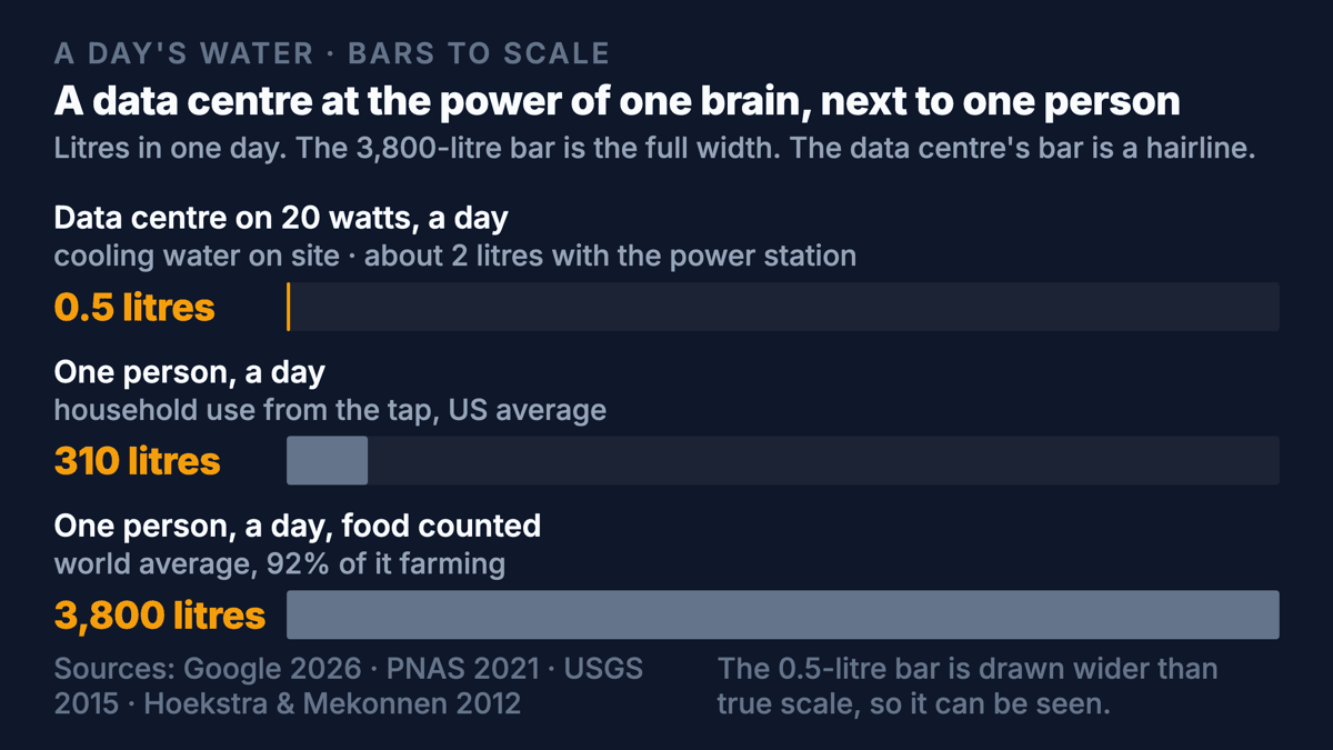 Three bars to one scale for a day's water: 0.5 litres for a data centre on 20 watts, drawn as a hairline, against 310 litres for one person's household use from the tap and 3,800 litres for one person with food counted, the full width of the chart.